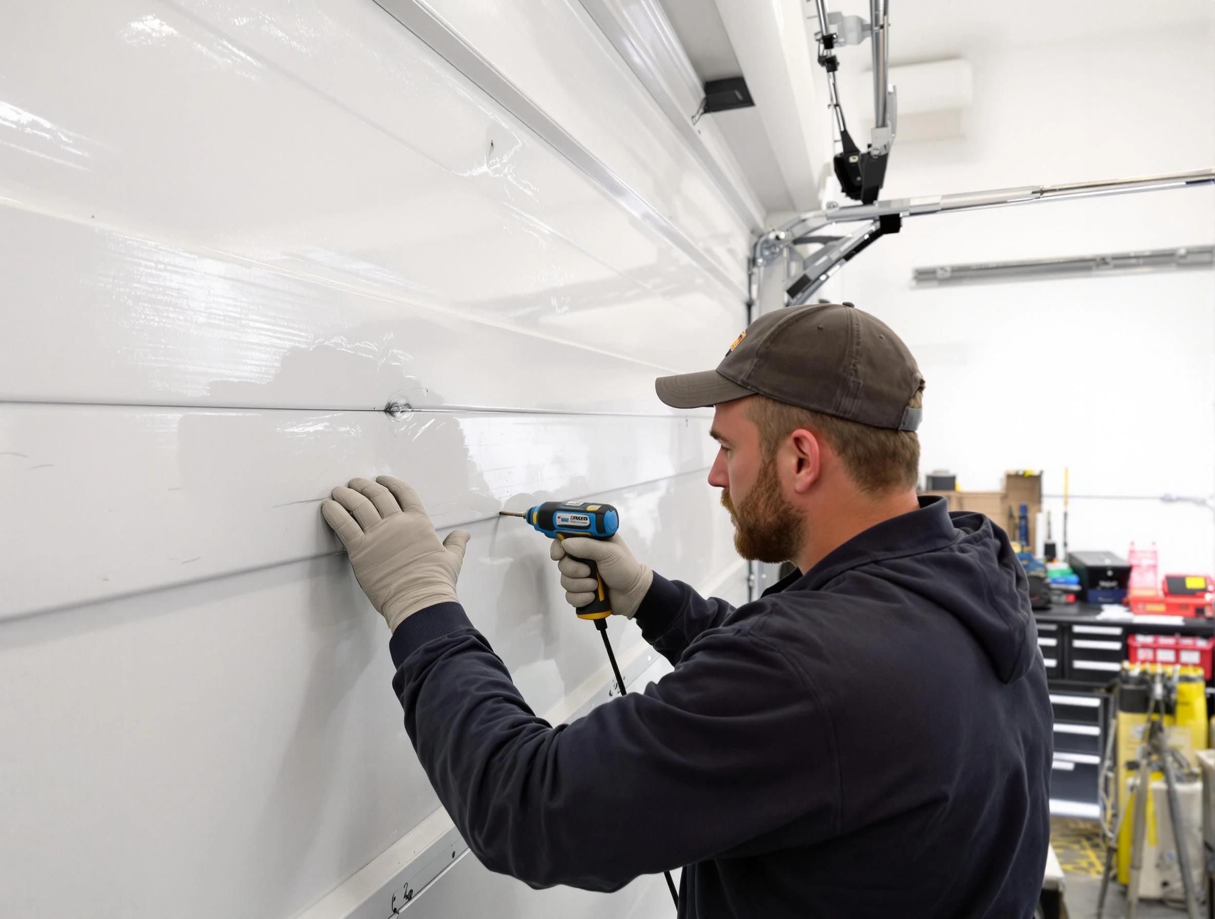 Worcester Garage Door Repair technician demonstrating precision dent removal techniques on a Worcester garage door